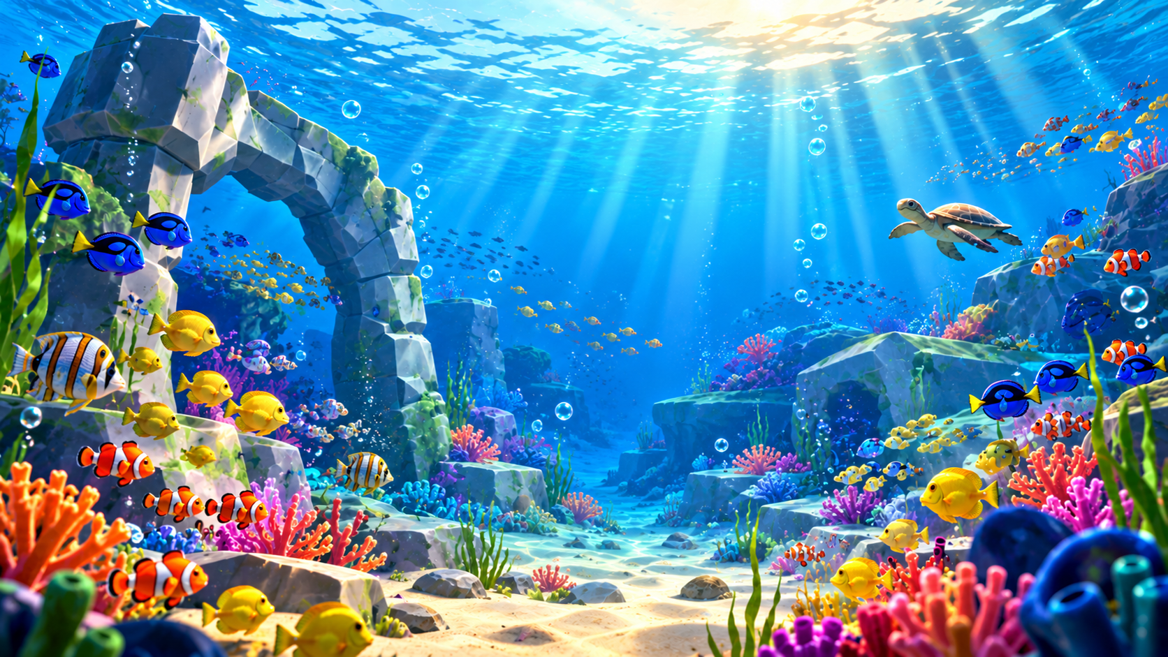 Sunlight falling over Cozy Cove’s colorful coral reef