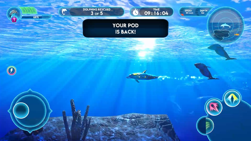 Dolphins regrouping around the player beneath the ocean surface