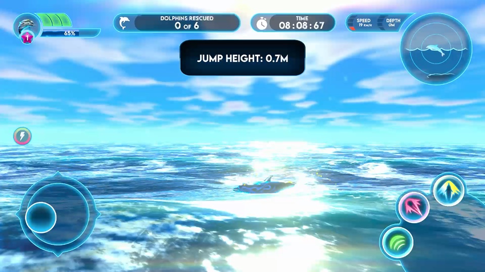 A dolphin breaking above the sunlit ocean surface in a development build