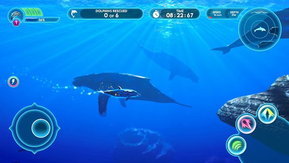 A luminous dolphin swimming beside a humpback whale, with larger whales silhouetted in the blue