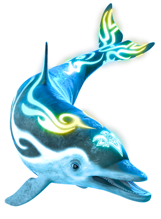 Delphis, a blue dolphin with glowing gold markings