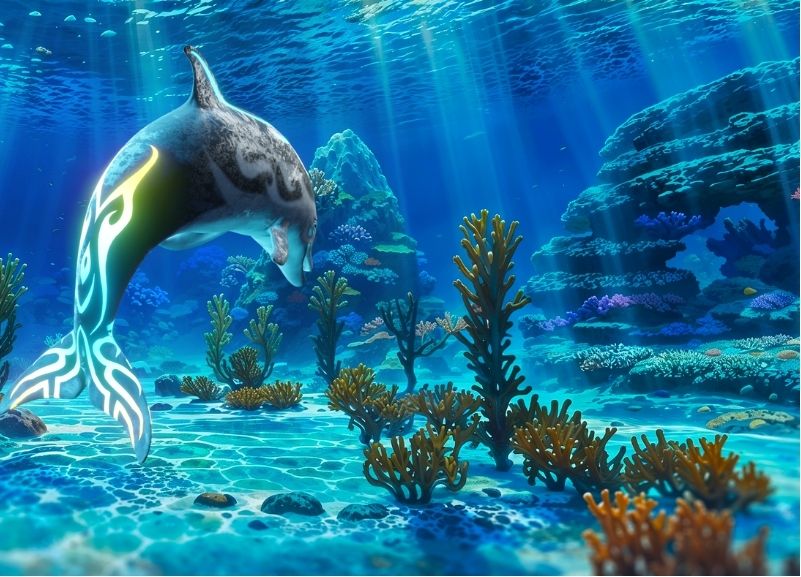 A luminous dolphin swims through a sunlit underwater reef
