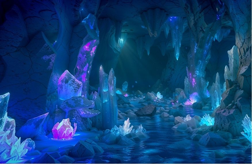 An underwater cavern filled with glowing purple crystals